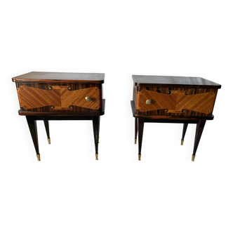 Pair of vintage bedside tables in marquetry wood – revisited Art Deco style