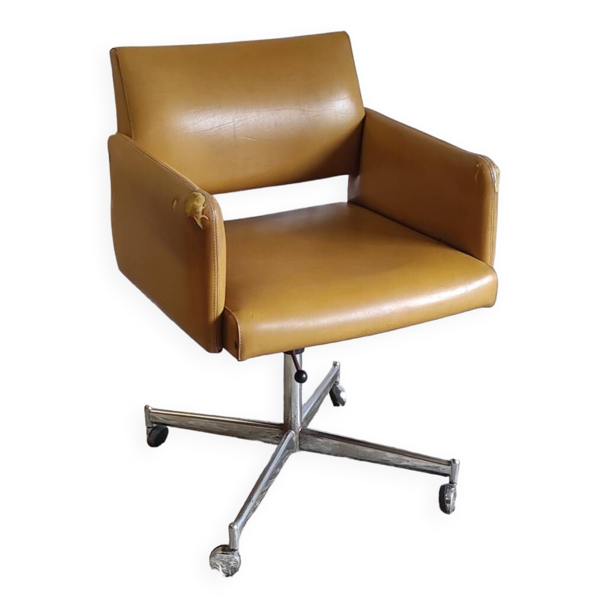 Modernist office armchair in yellow faux leather - 1950s