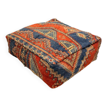 Vintage Berber pouf in wool – Terracotta and blue geometric patterns