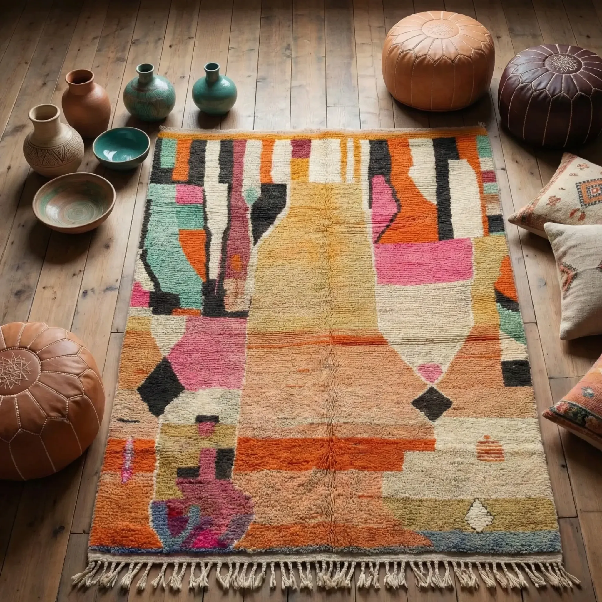 Moroccan handwoven wool rug in colour block peach, pink, teal, and orange, 122x183 cm.