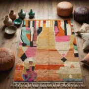 Moroccan handwoven wool rug in colour block peach, pink, teal, and orange, 122x183 cm.