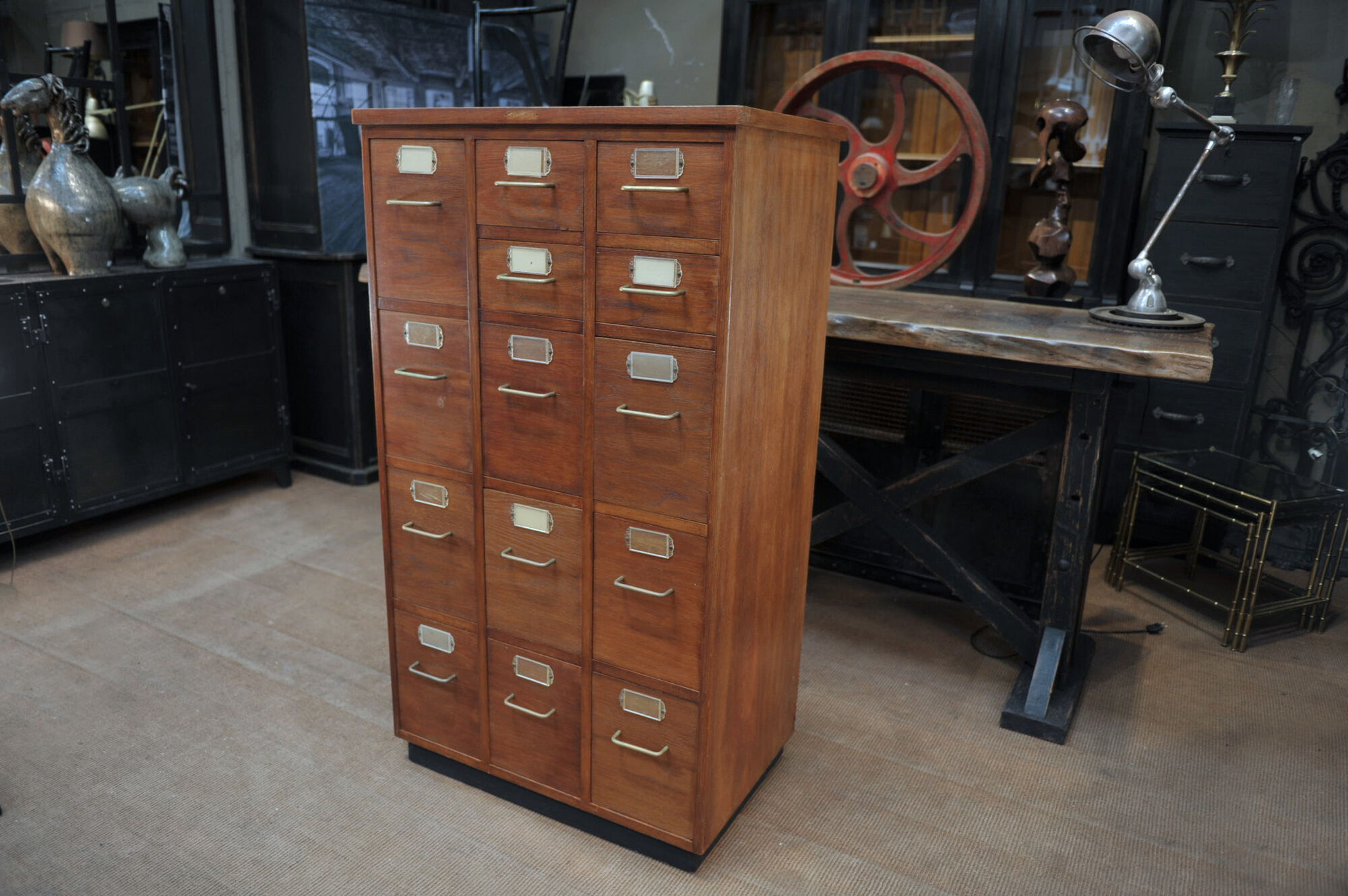Office furniture has oak drawers 1950 brass handles and label holders