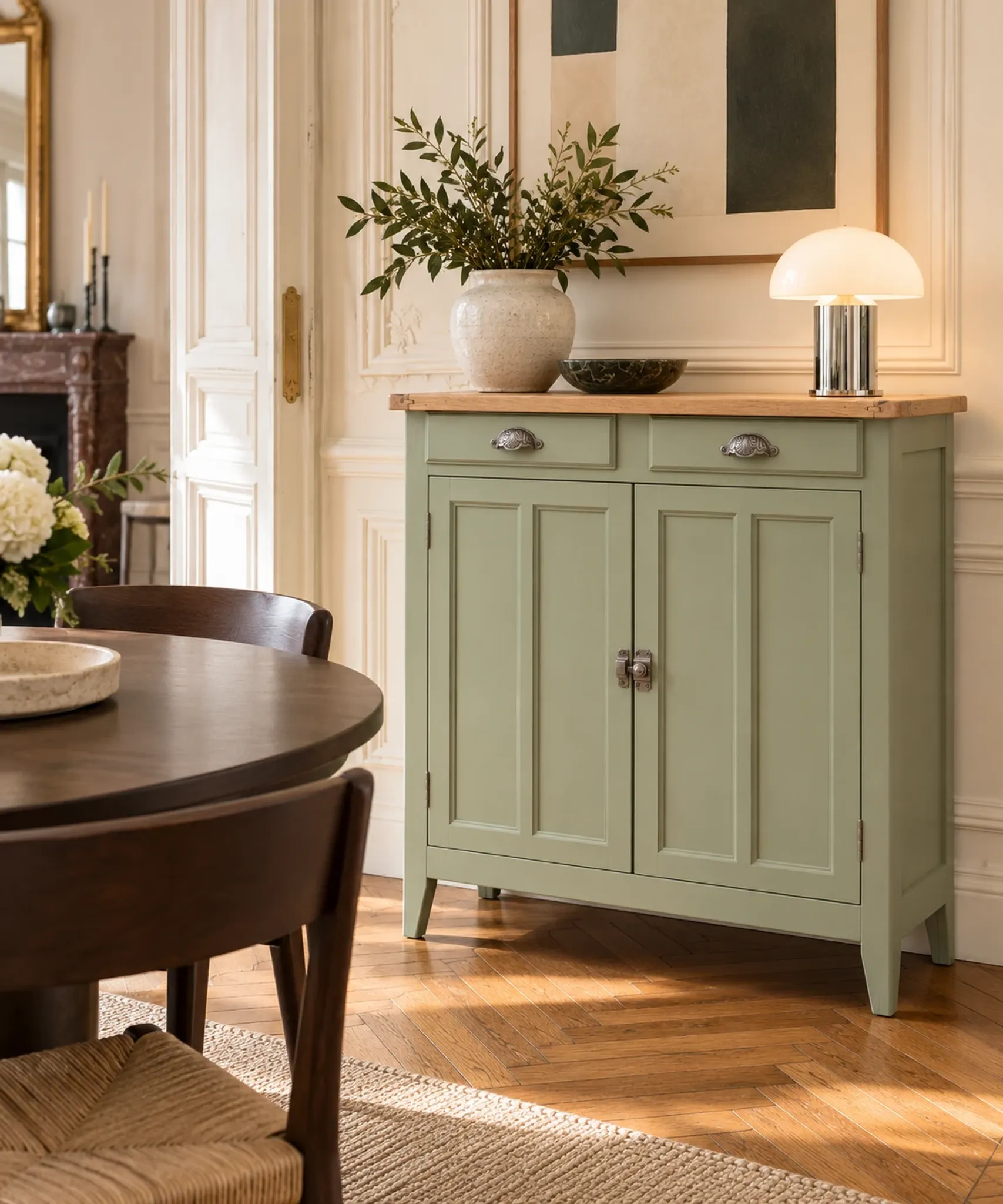 Renovated khaki Art Deco Parisian buffet in beech.