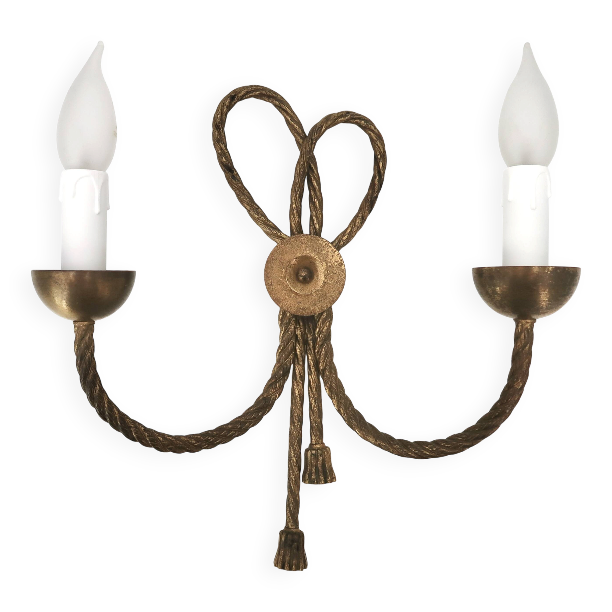 Golden wall lamp with two arms, decorated with a twisted rope bow, 1950s.
