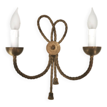 Applique murale dorée à deux bras décor nœud corde torsadée, années 50