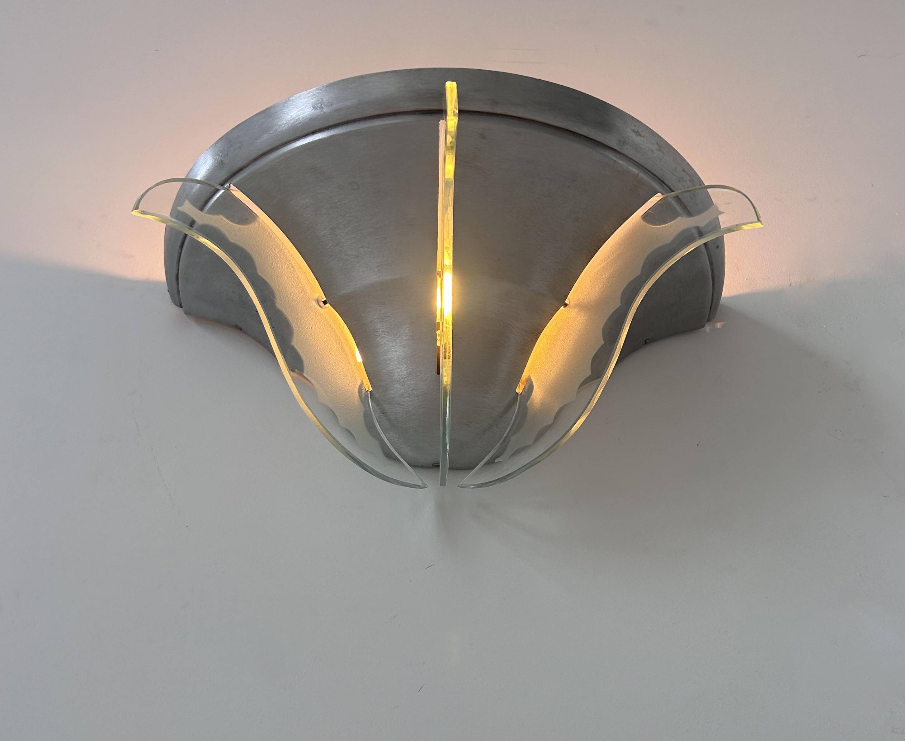 Vintage art deco wall light, brushed metal and glass, France 1930