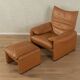 675 Maralunga armchair with ottoman by Vico Magistretti for Cassina, 1970s, original cognac brown leather