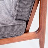 3-seater sofa with patinated oak armrests and 1960s Italy fabric