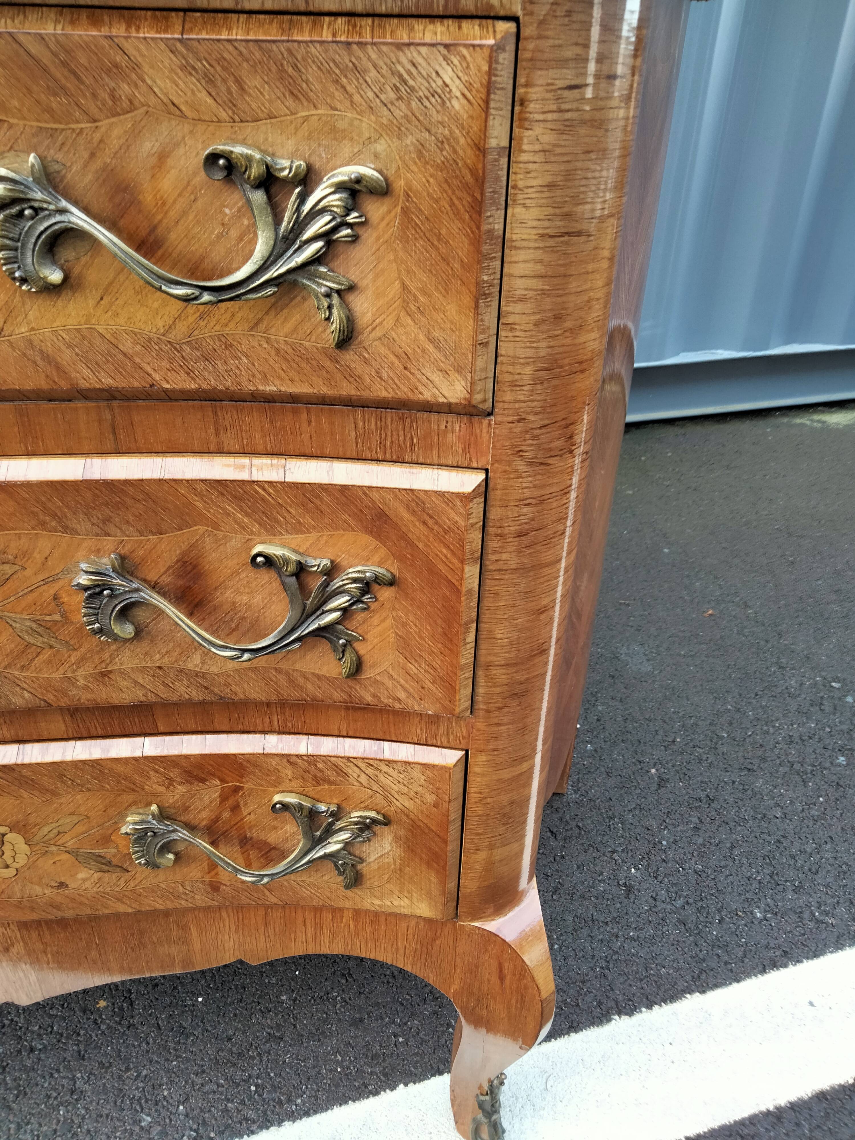 Chest of drawers old marquetry marble top Louis XV style