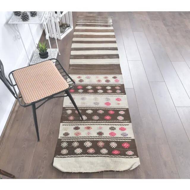 1970s vintage Turkish runner handwoven wool flatweave kilim rug 69x280
