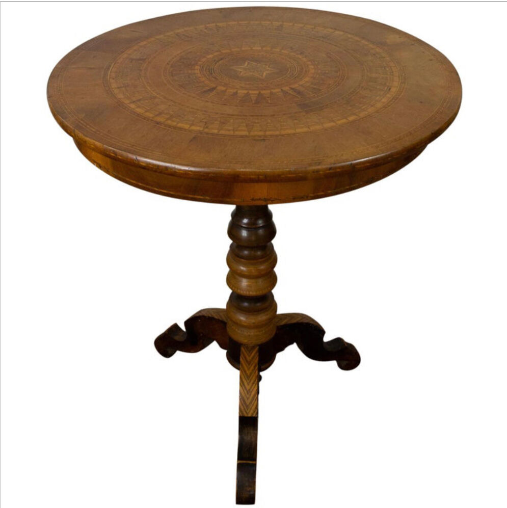 Tripod pedestal table in marquetry and mixed wood, Italy, 19th century