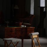 Pair of Danish mid-century folding stools with sheepskin upholstery, 1960.