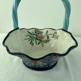 Large earthenware basket, Longwy enamels, turquoise blue cloisonné, twisted handle, stamp