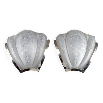 Paire d’appliques Art Déco en bronze chromé/Nacrocristal, Belgique, c. 1925