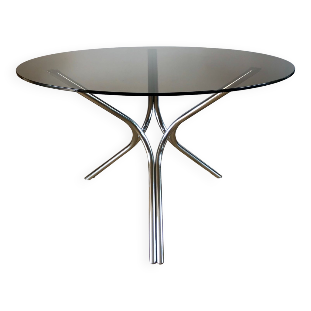 Table Vintage 70's + 4 Chaises - Verre Fumé Et Piètement Chromé - 180cm X 95cm X 74cm
