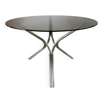 table de salon en chrome et verre fumé design années 70