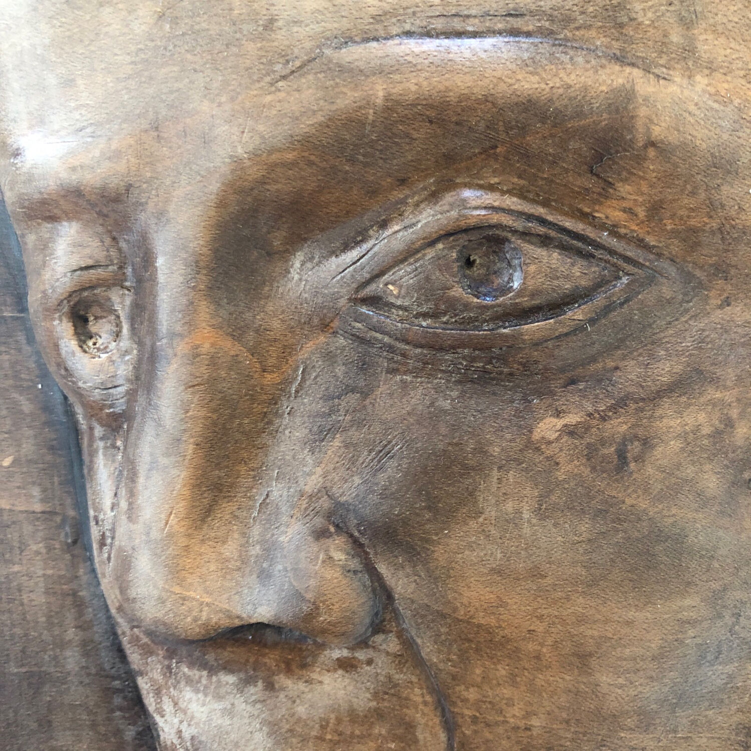 Wood carving profile man signed