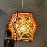 Vintage 1960s wood and straw wooden ceiling hanging lamp