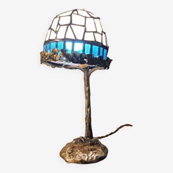 Petite lampe a la mante religieuse bronze, art nouveau, 32x15 verre style tiffany