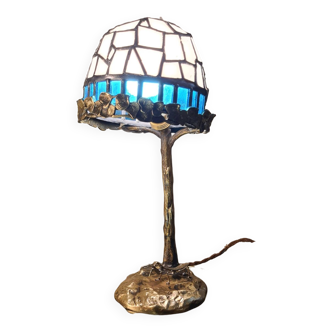 Petite lampe a la mante religieuse bronze, art nouveau, 32x15 verre style tiffany