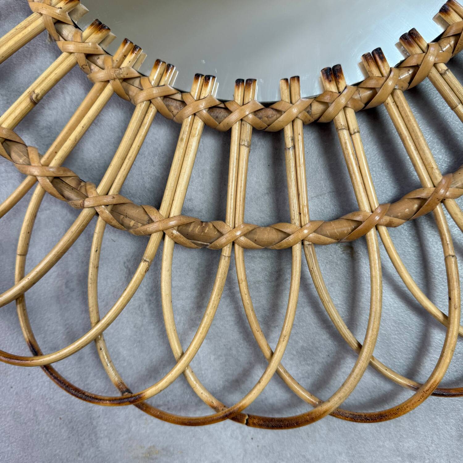 Round Sun Mirror in Rattan from the 1950s Spain Ibiza