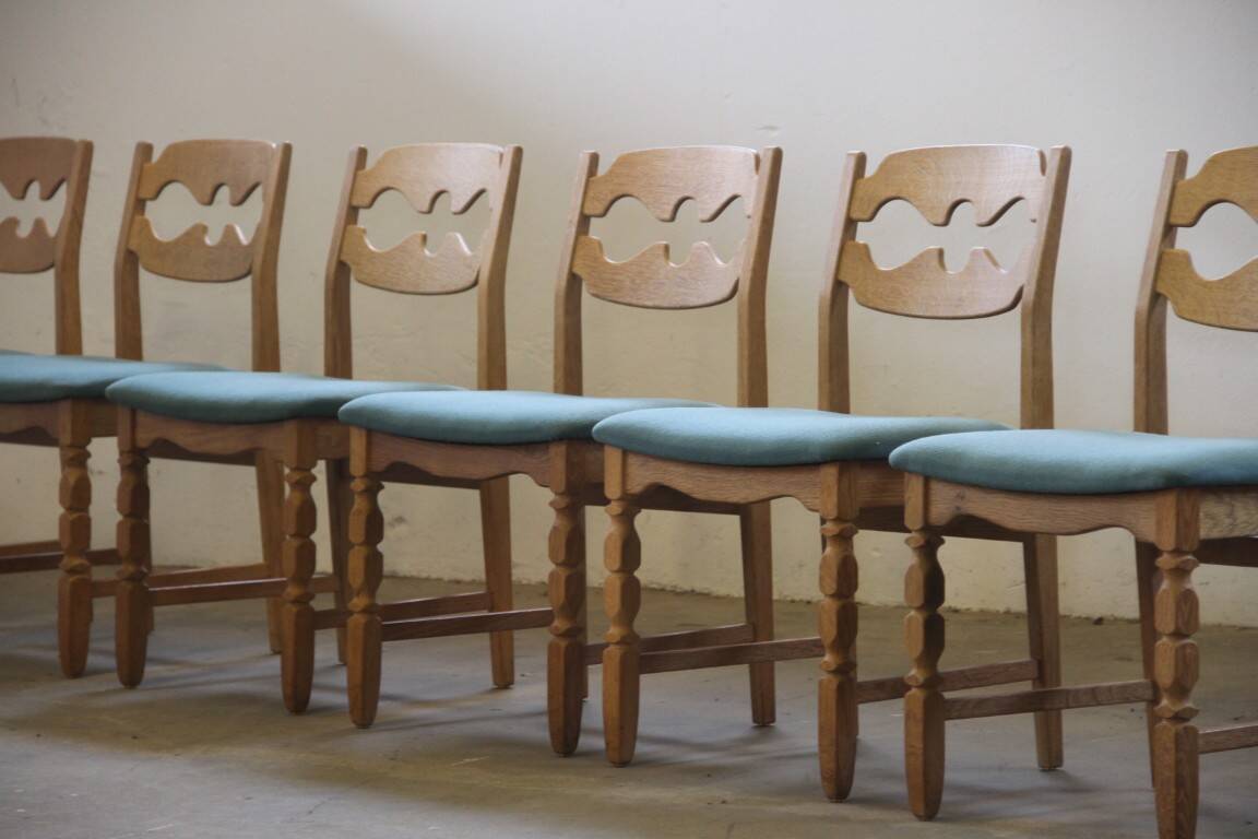 1960s Danish brutalist oak Razorblade dining chairs attributed to Henning Kjærnulf