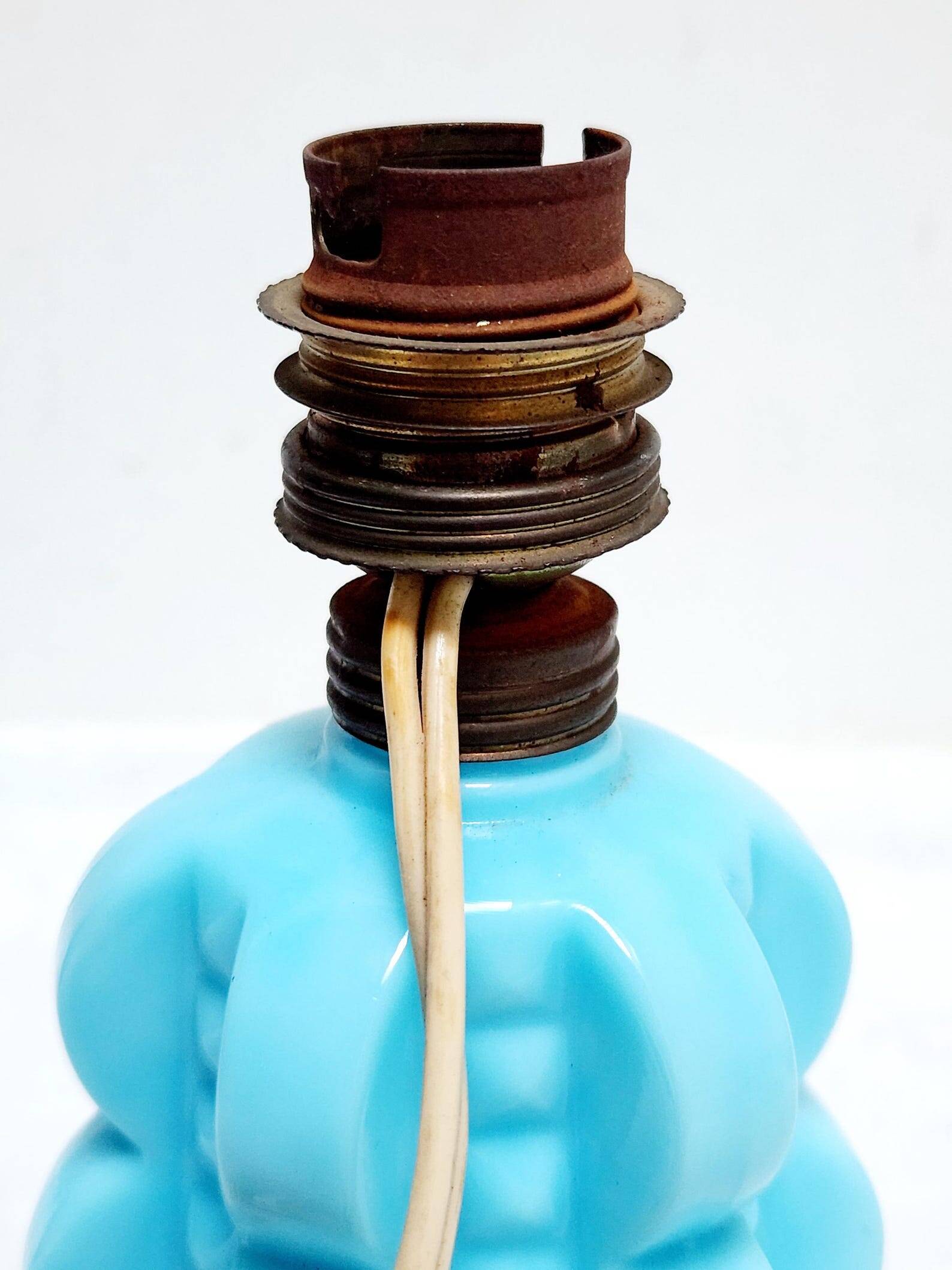 French 1950s Bale Shape Blue Opaline Glass Lamp Bulbous Gourd Cotton Bale