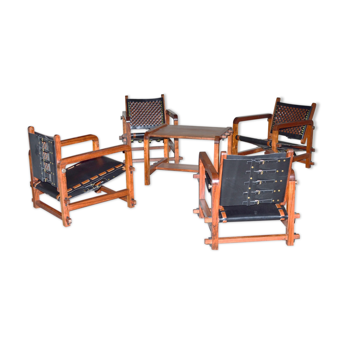 Set of 4 armchairs and a coffee table in Bunbinga and leather