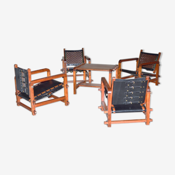 Ensemble de 4 fauteuils et une table basse en Bunbinga et cuir