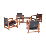 Ensemble de 4 fauteuils et une table basse en Bunbinga et cuir