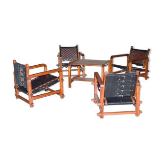 Ensemble de 4 fauteuils et une table basse en Bunbinga et cuir