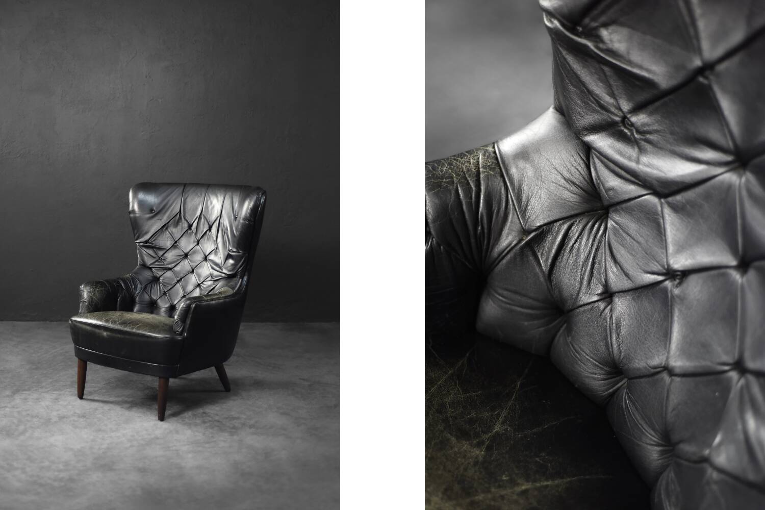 Vintage Danish modern wingback chair in black quilted leather, mid-20th century, 1960s.