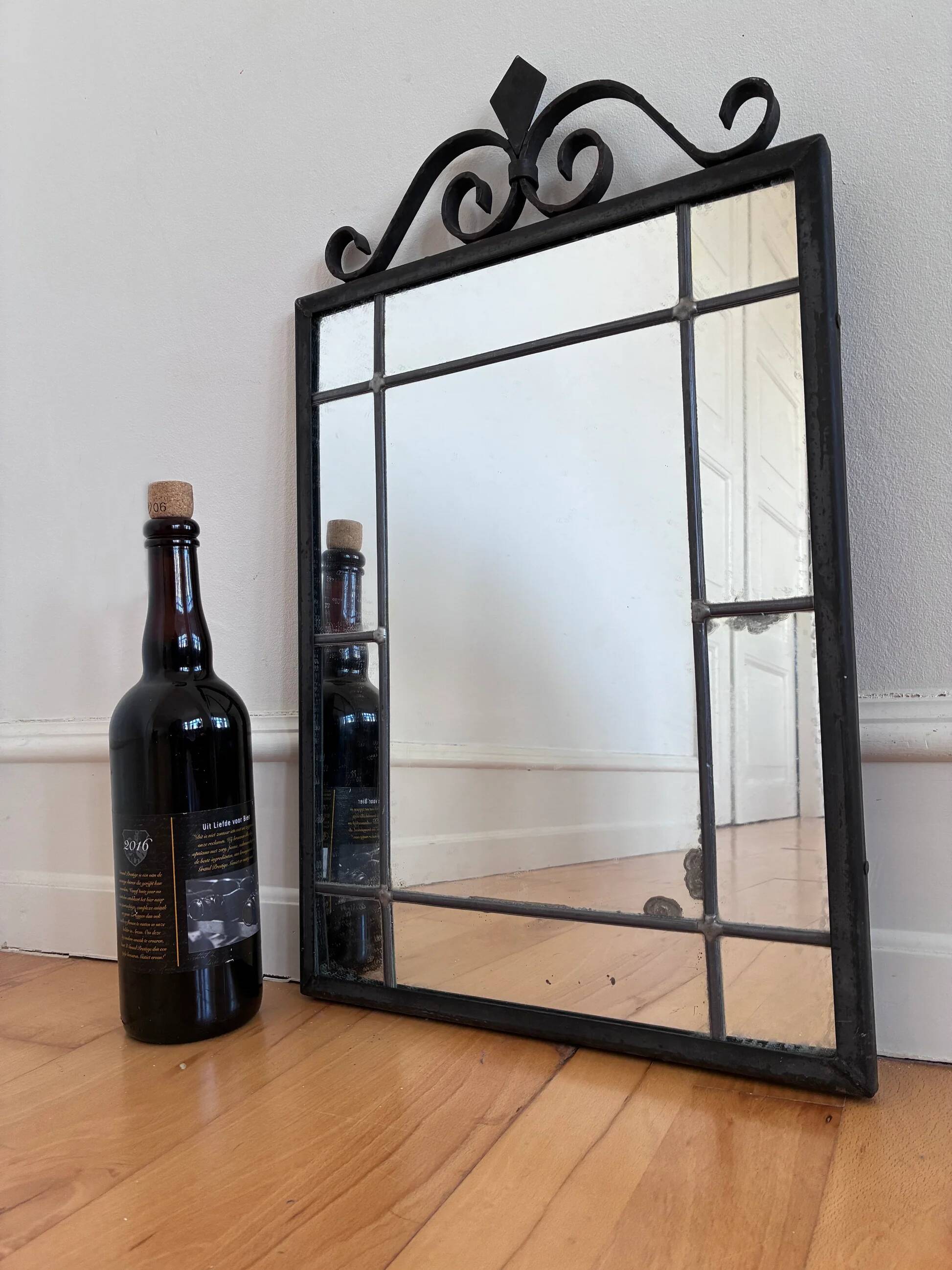 Art Deco black wrought iron wall mirror, Belgium, 1930s