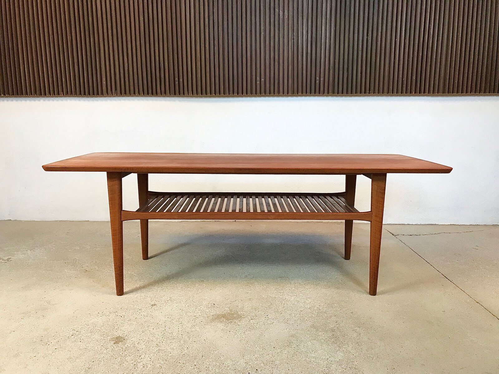 Scandinavian teak coffee table with slatted shelf, Denmark 1960s
