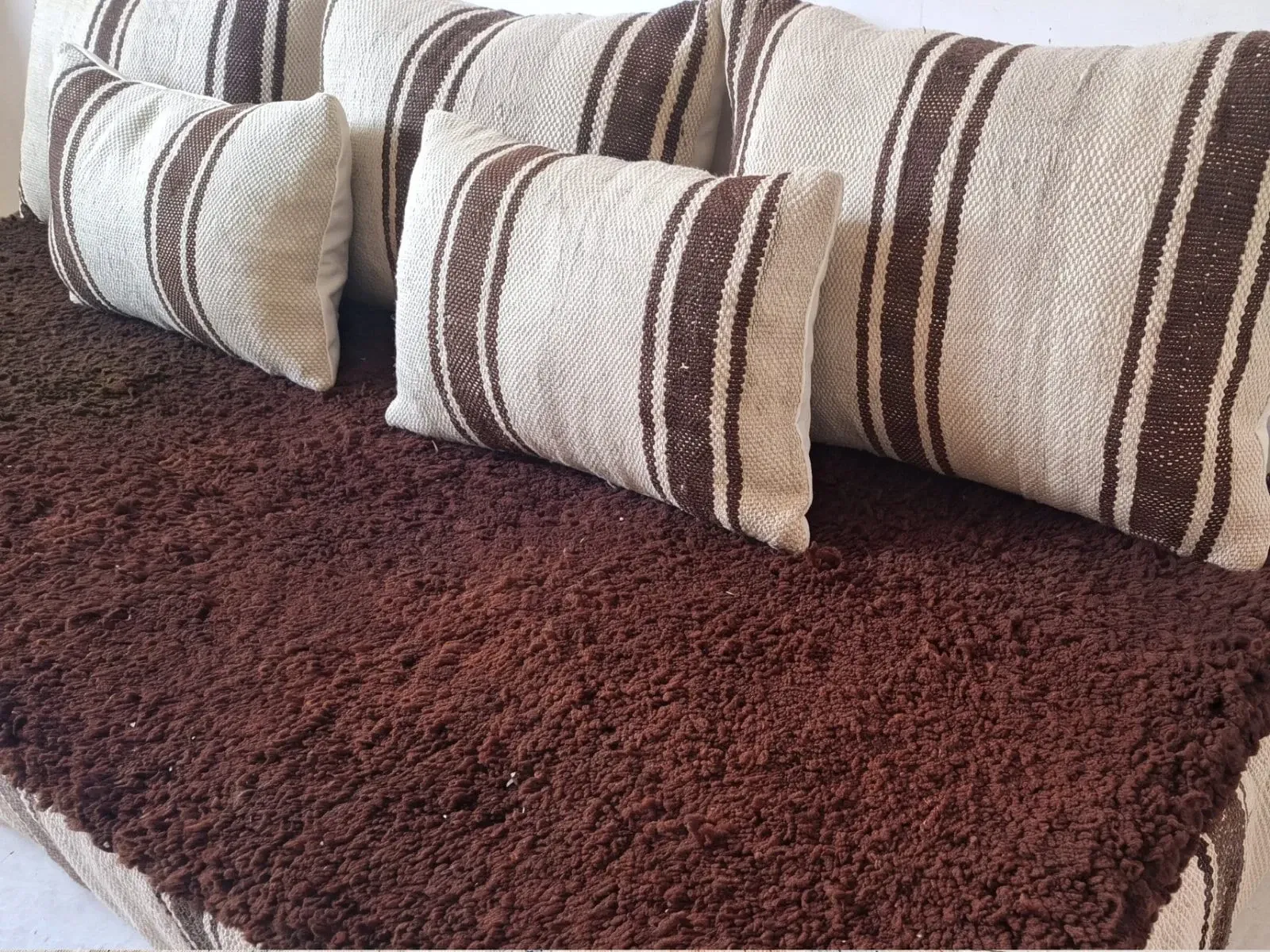 Striped coffee Hanbel floor cushion – Handwoven ivory wool