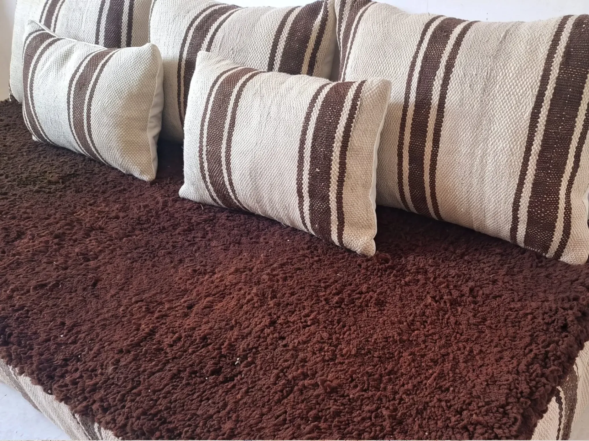 Striped coffee Hanbel floor cushion – Handwoven ivory wool
