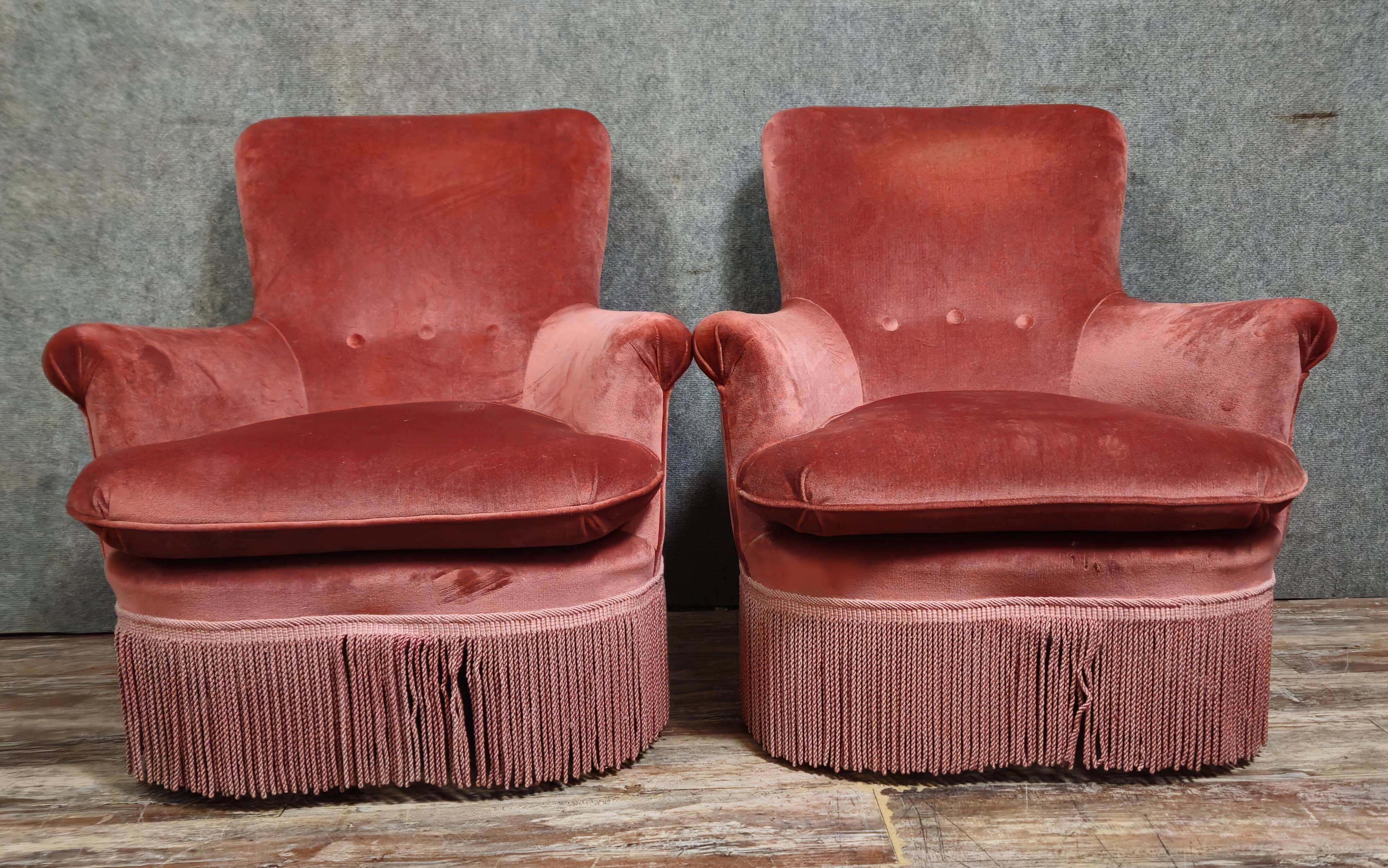 Pair of pink velvet frog armchairs – Napoleon III period
