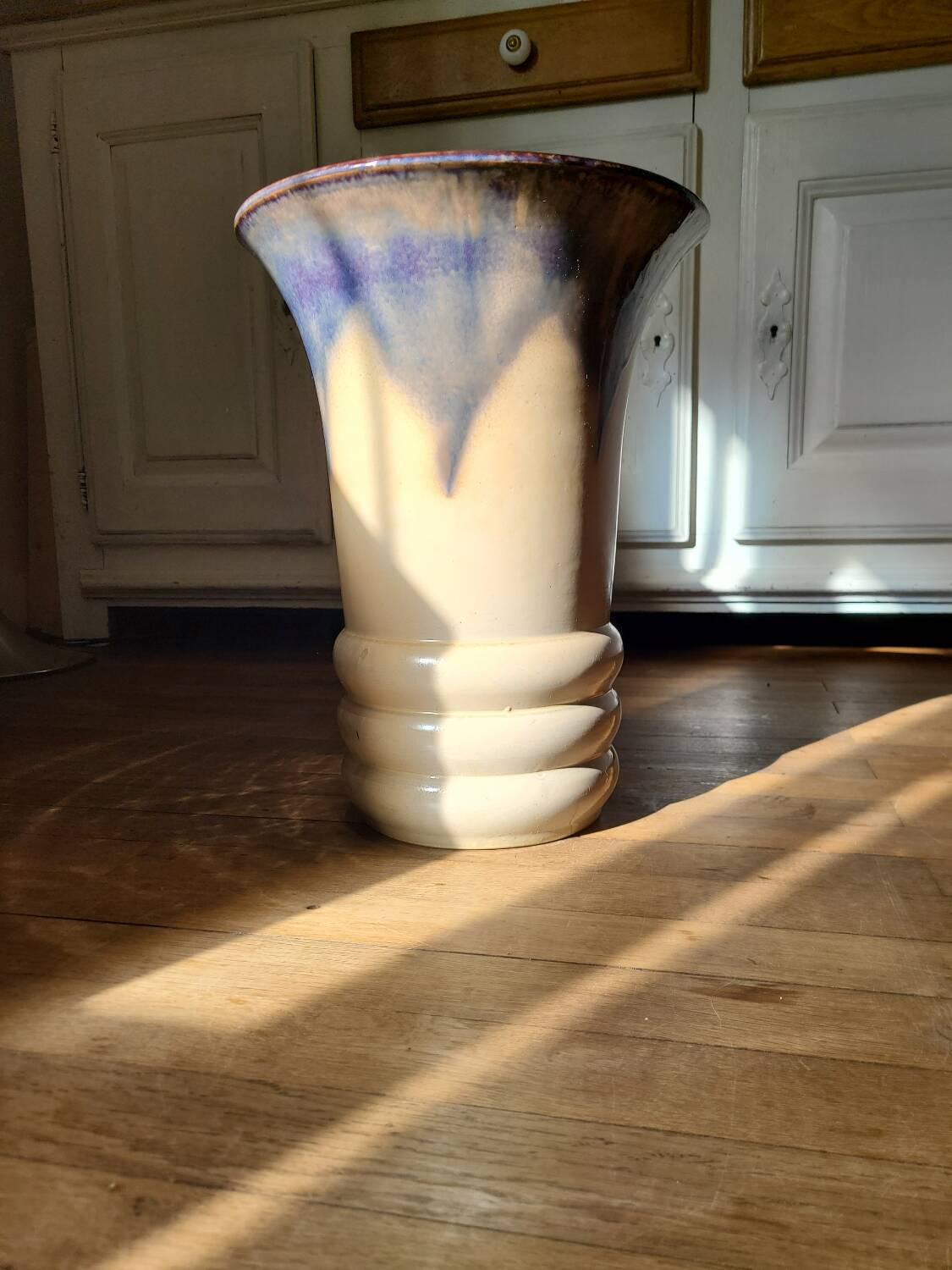 Large ceramic vase circa 50 blue/purple/beige enamel