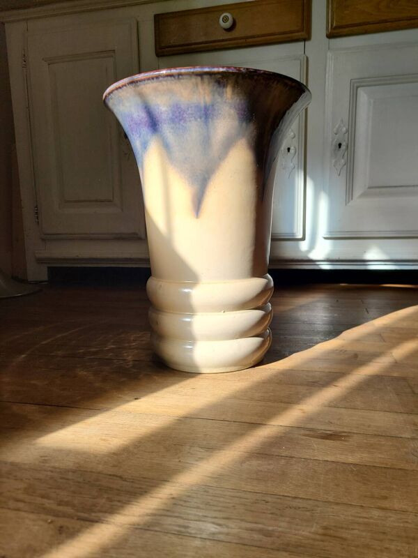 Grand vase en céramique circa 50 émail bleu/violet/beige