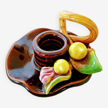 Artisanal pottery candle holder with fruit slip decoration