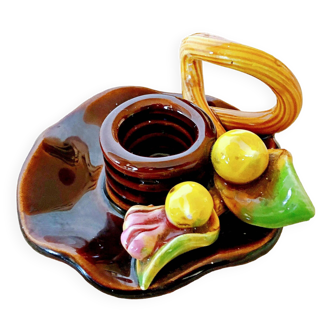 Artisanal pottery candle holder with fruit slip decoration