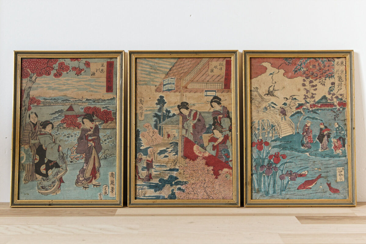 Lot de 3 estampes japonaises sur papier crépon