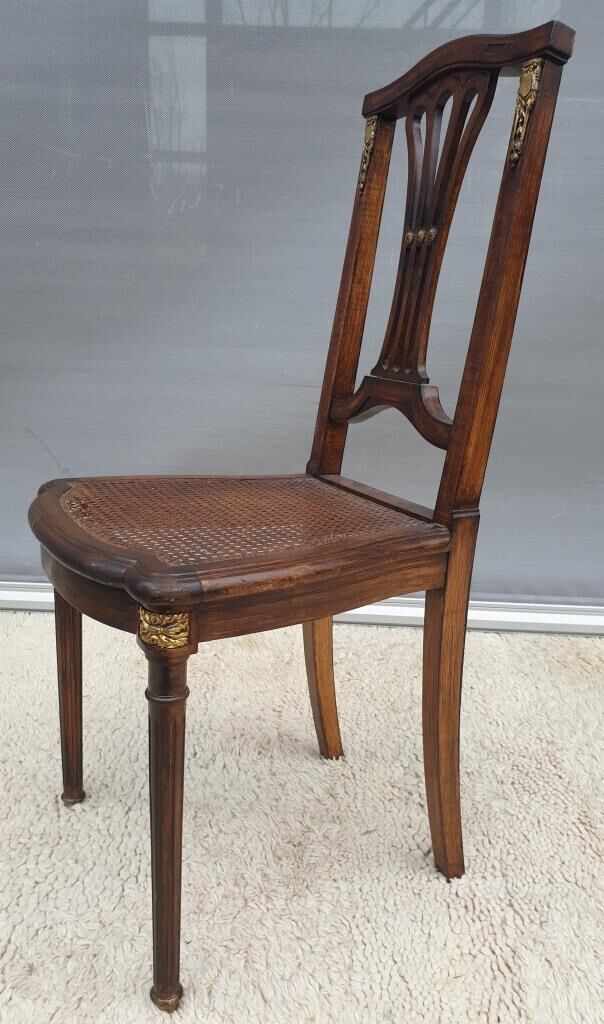 Chair canned 1900 marquetry and bronze louis XVI style
