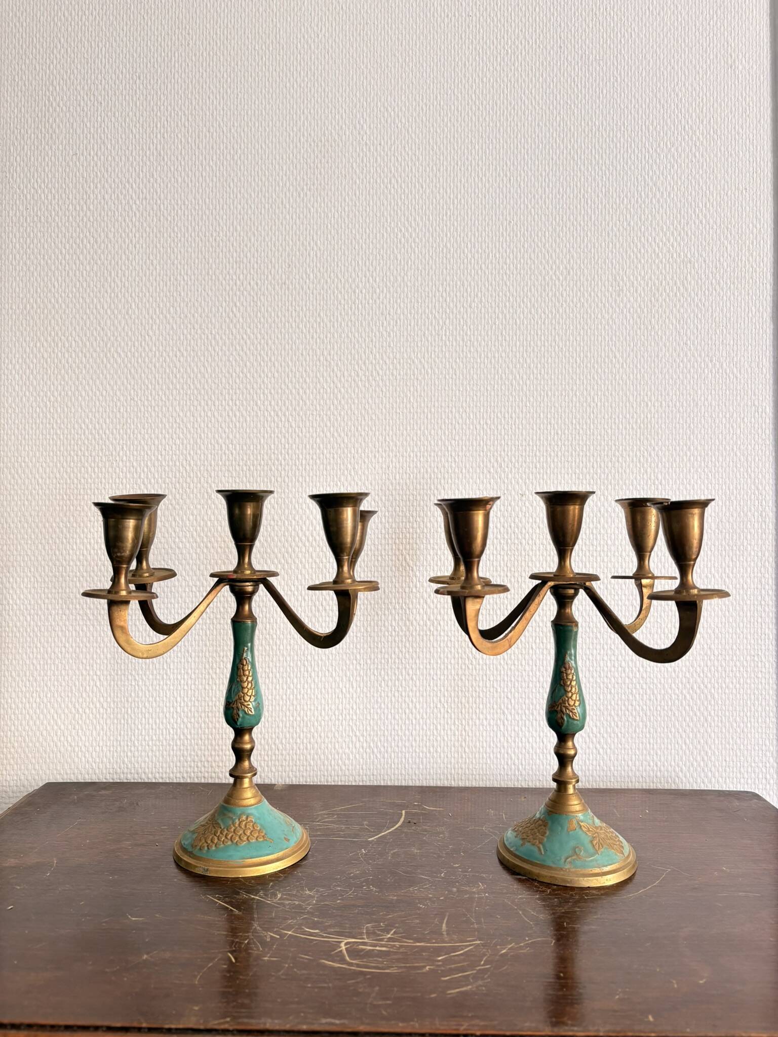 Antique Pair of Candle Holders Chandelier 5 Arms Gilded Brass Enamelled Blue