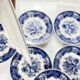 Set of 10 blue earthenware dessert plates with floral and bird decoration