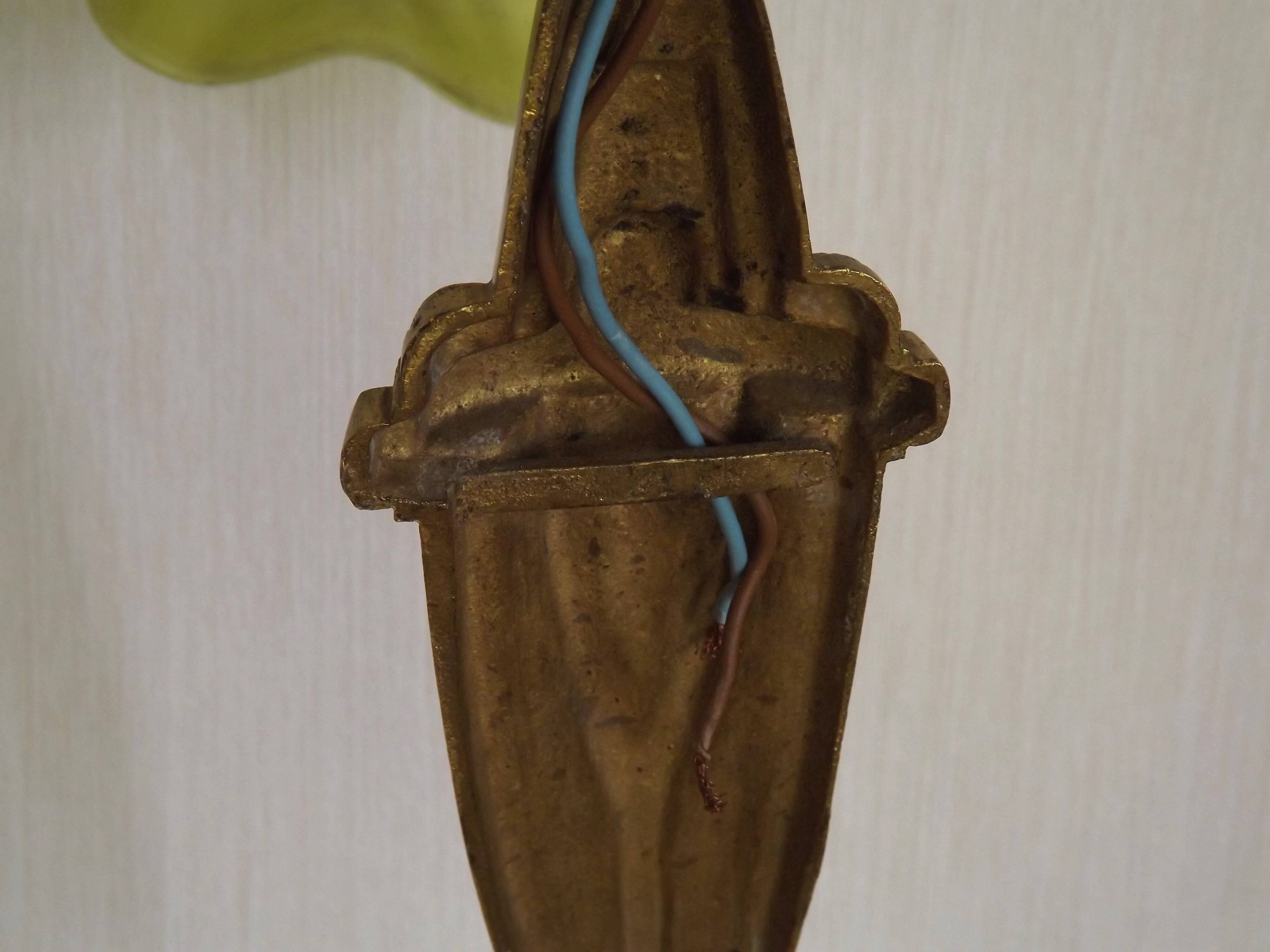 French Art Deco Brass Single Wall Light Rose Bud White & Green Shade 5507