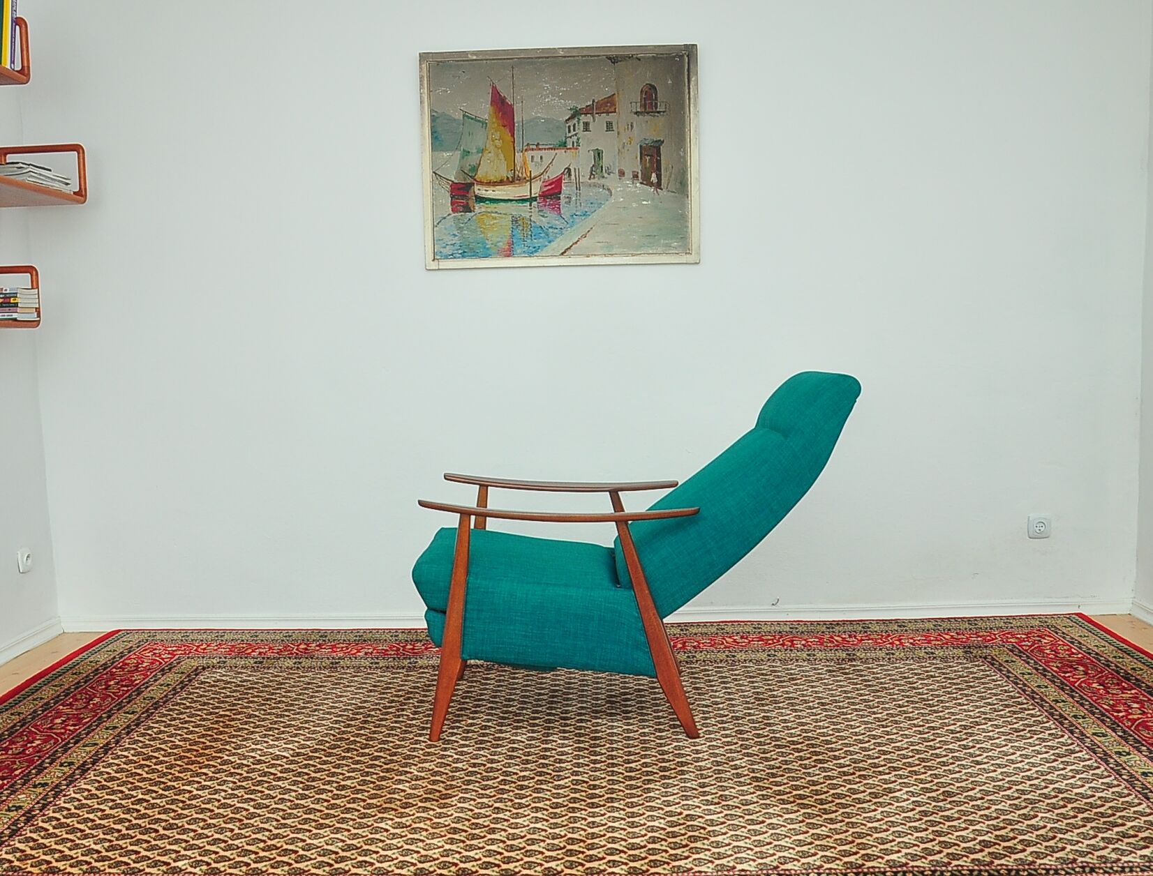 Turquoise armchair with folding footrest, 1960s