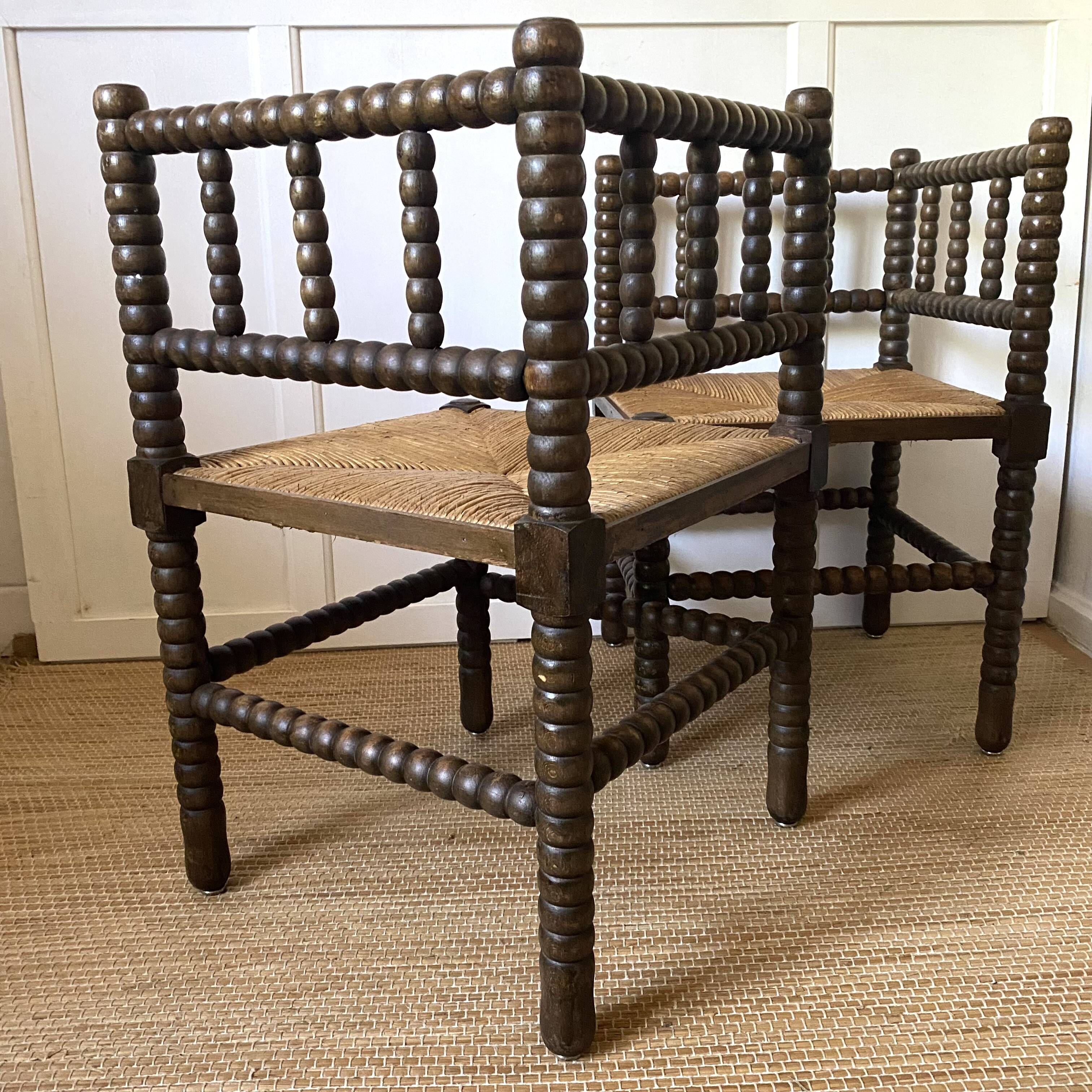 Pair of turned wood corner chairs, fireside chairs