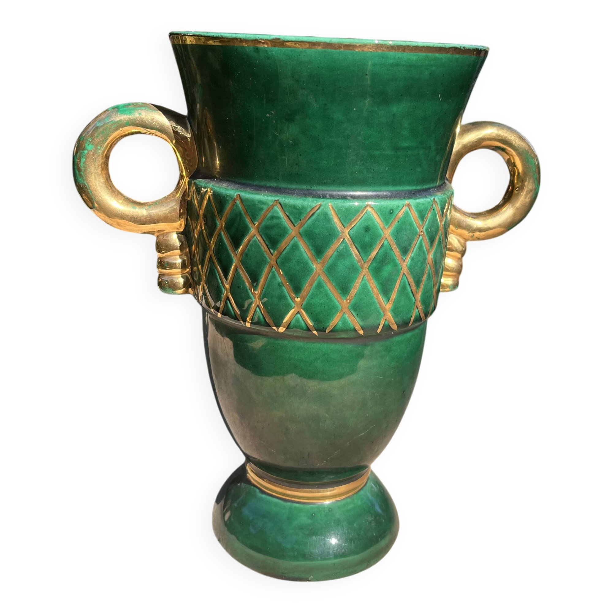 White Letalle vase for Saint Clément - model 4212 in green and gold.