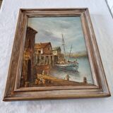 Peinture sur toile peinte à l'huile originale signée scènes de bateaux et de port du début du 20ème